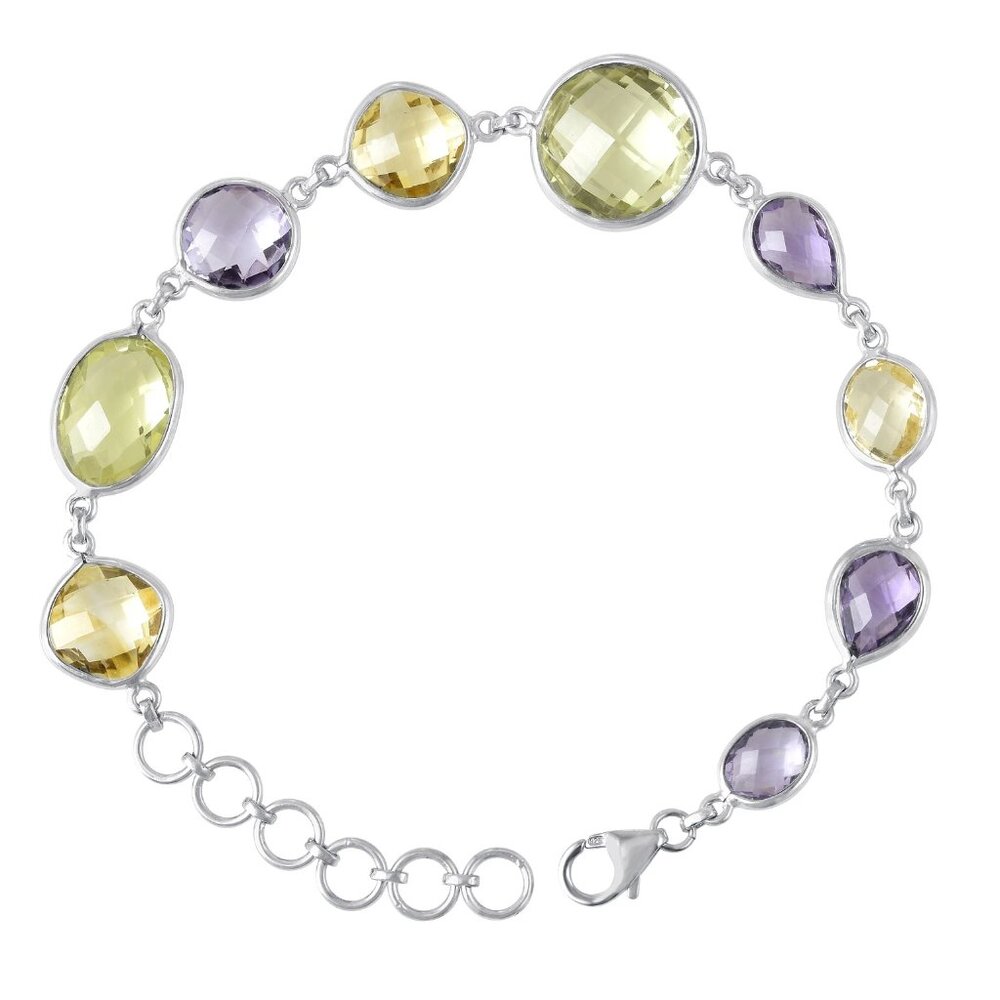 Amethyst Citrine And Lemon Quartz Gemstone Chain Bracelet Set In Rhodium